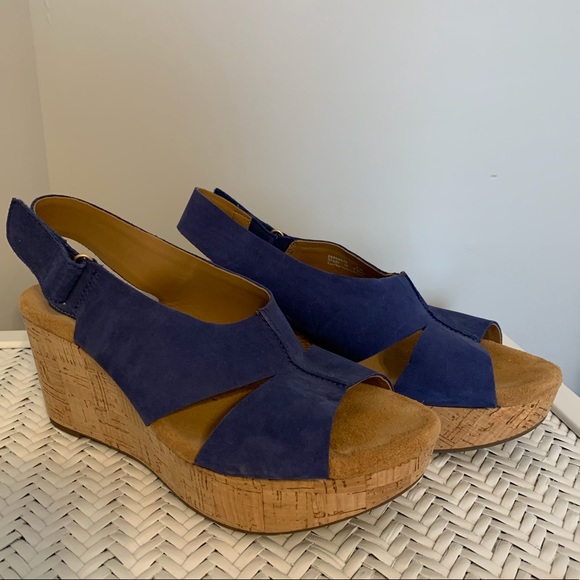 clarks blue suede wedge sandals